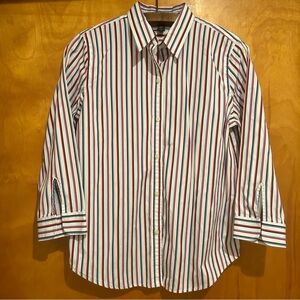 LAUREN RALPH LAUREN-Sz M Button Down‎ Cotton Shirt-White/Red/Blue-Preppy-Office
